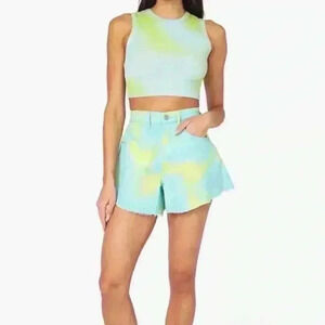 We Wore What Flare Bell Shorts, Stretch Twill Denim in Zvi Tie Tye. Size 28. NWT